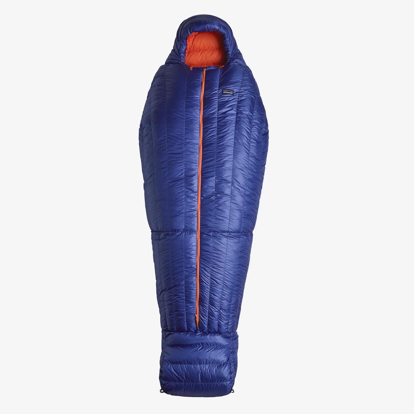 A blue mummy style sleeping bag with an orange zipper and orange inside on a grey background.