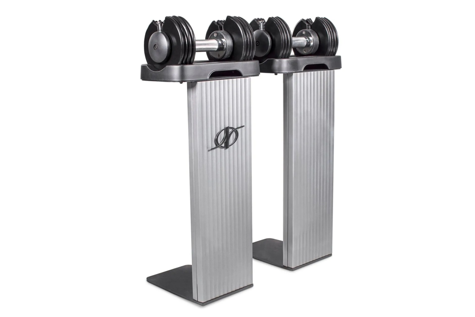 Two adjustable dumbbells on stands on a white background.