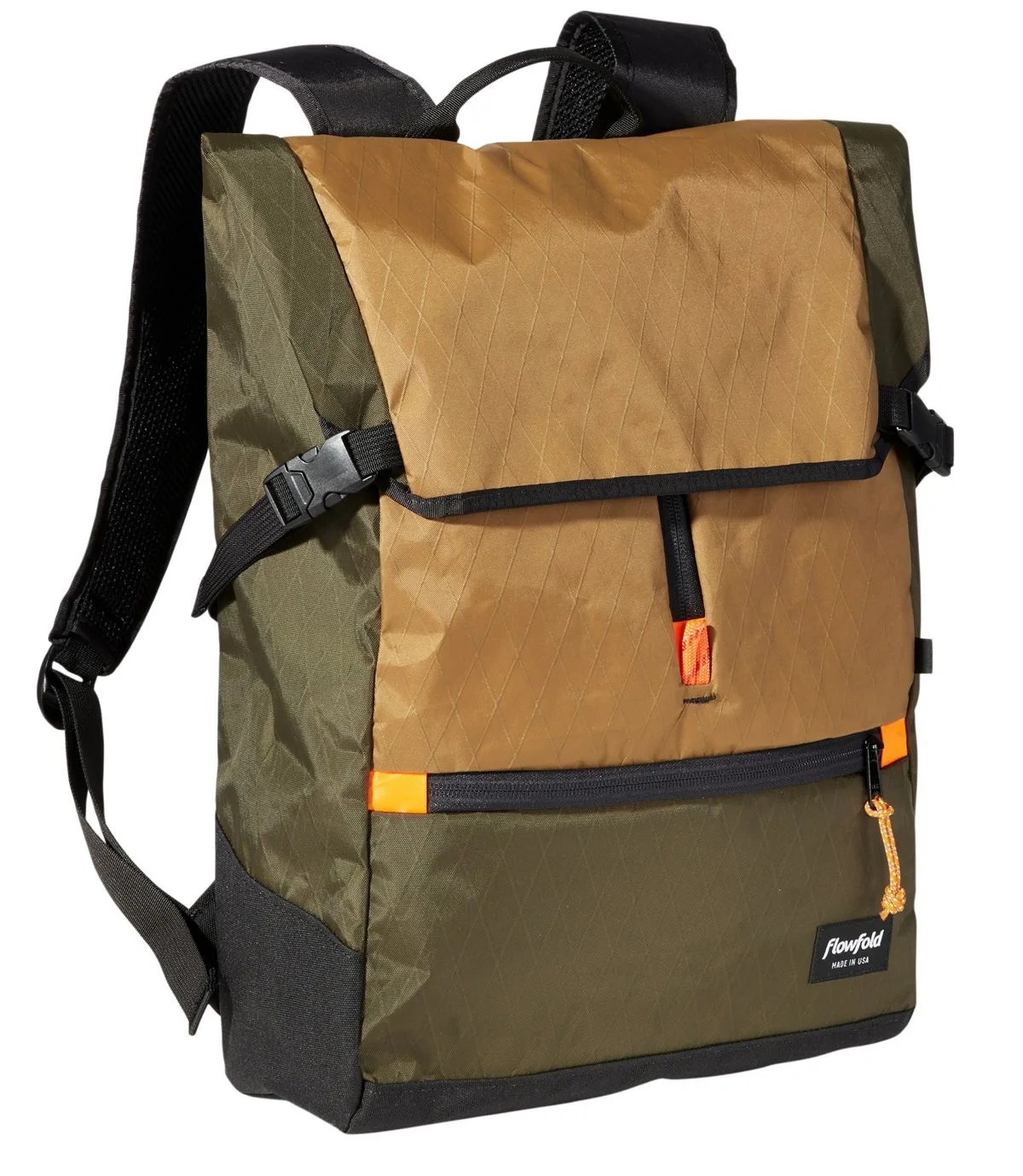 A two shade olive backback with black straps on a white background.