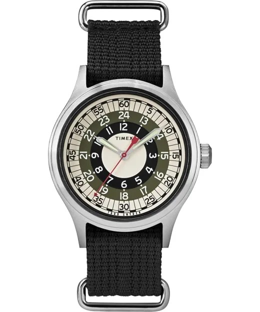 A white dial watch with green and black accents, a black fabric strap on a white background.