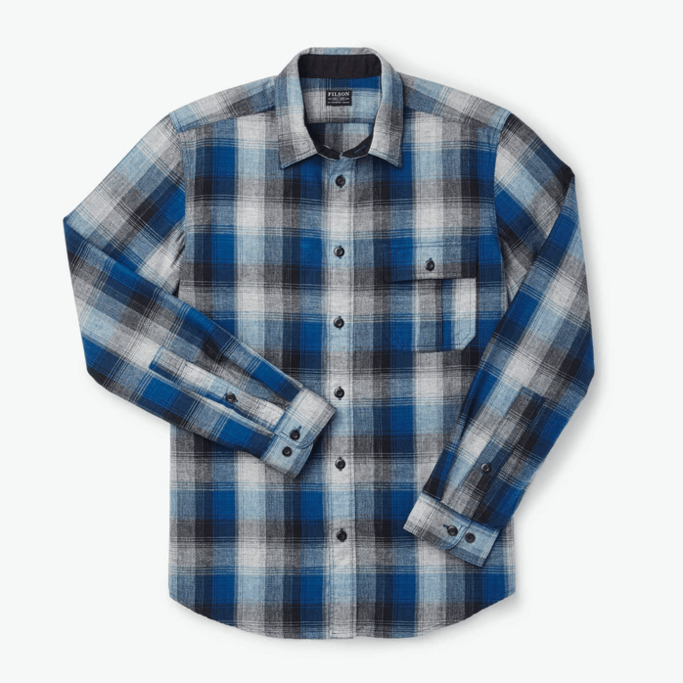 A blue and gray checkered flannel shirt on a white background.
