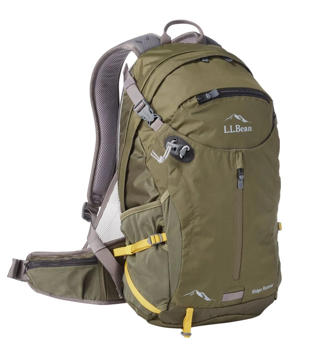 an olive green hiking backpack on a white background