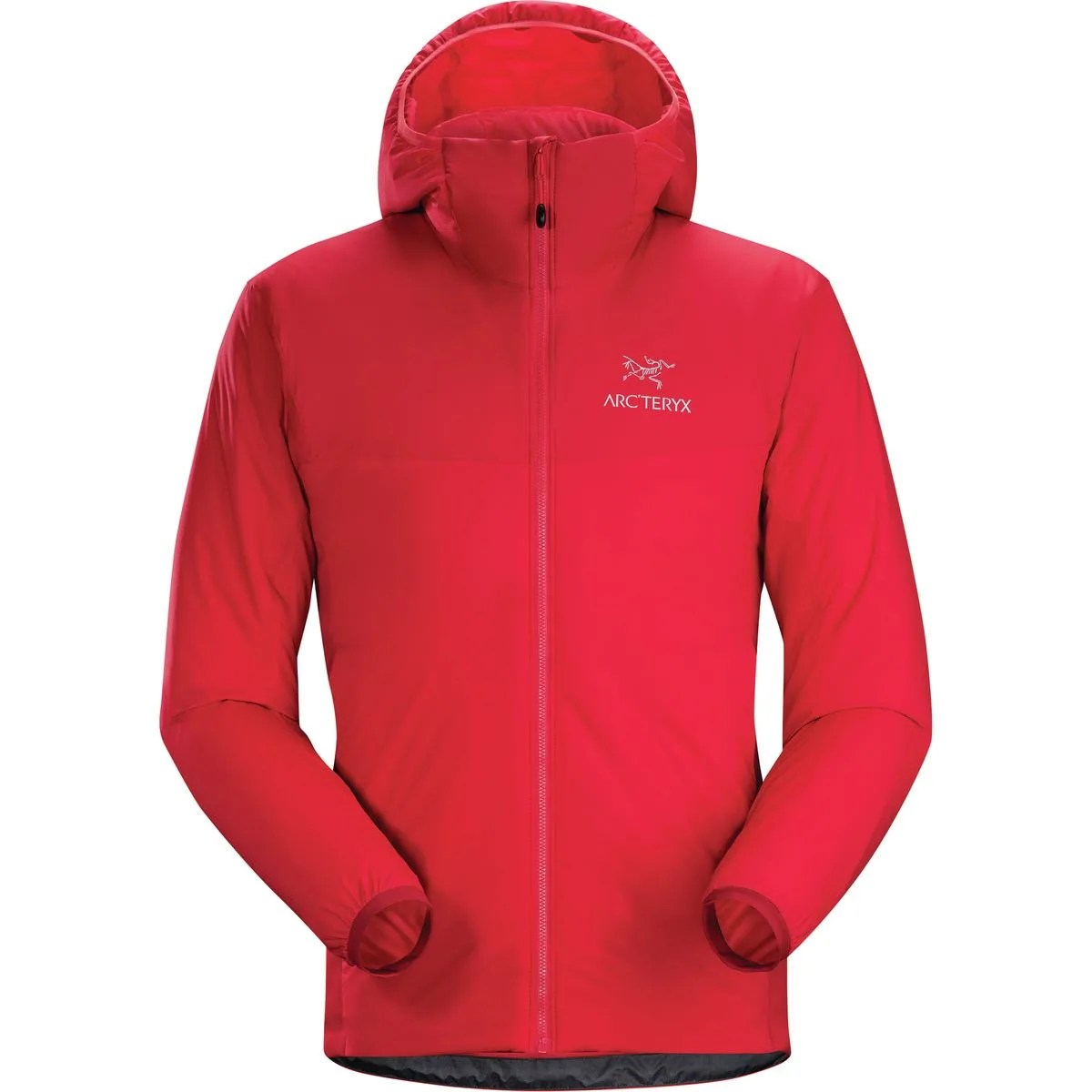 a red insulated jacket with a hood