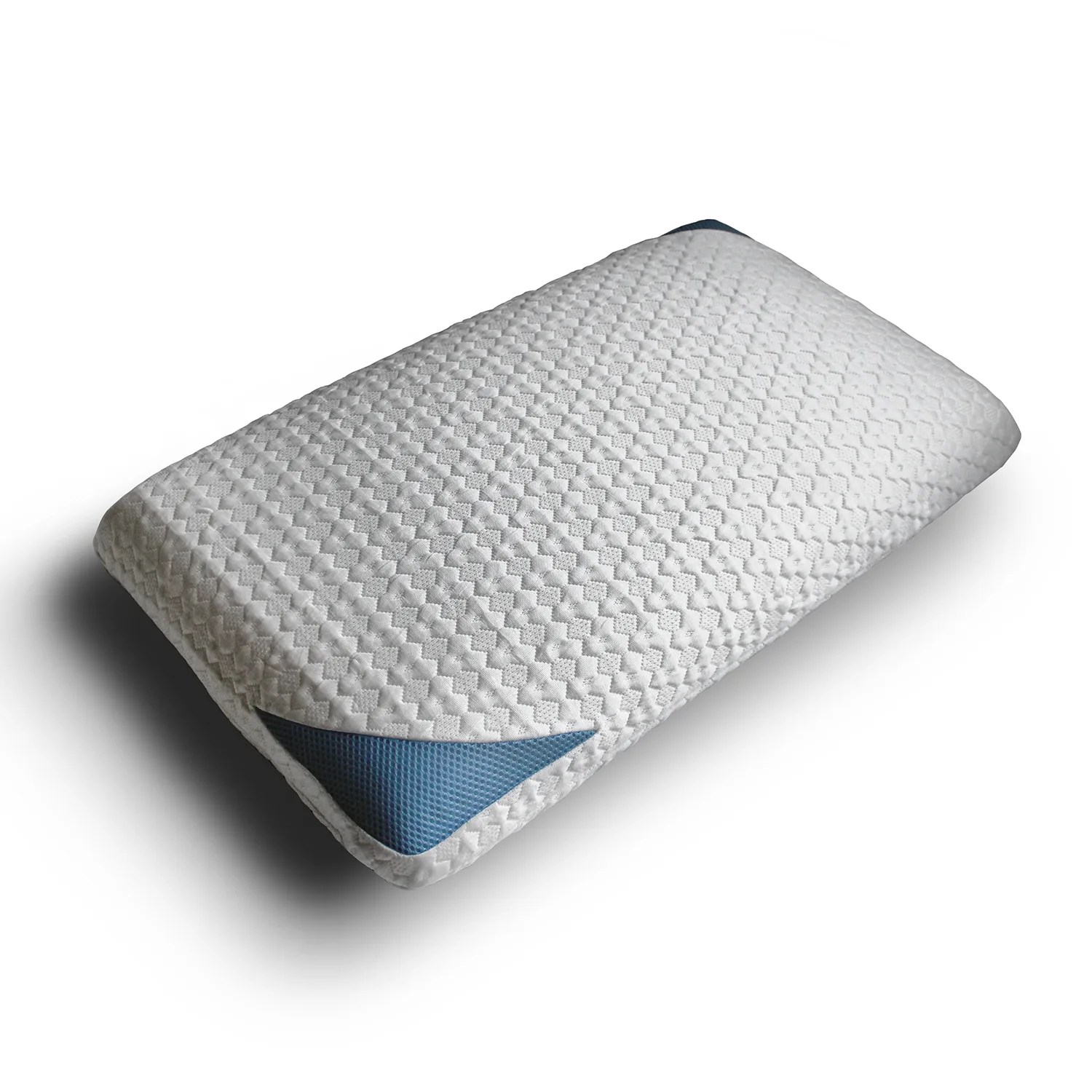 A foam pillow with a mesh cover on a white background.