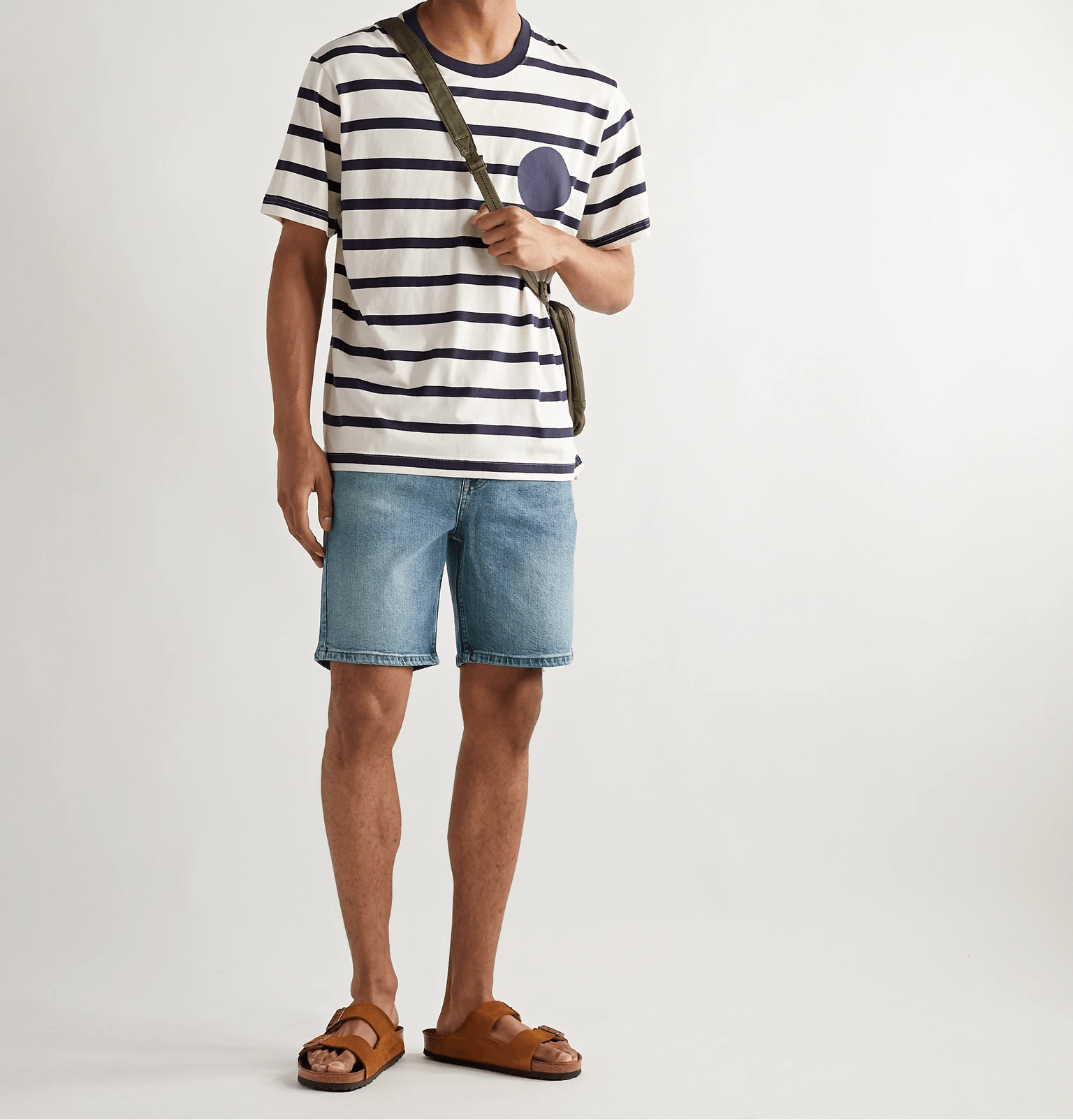 model wearing denim shorts, striped shirt and sandals