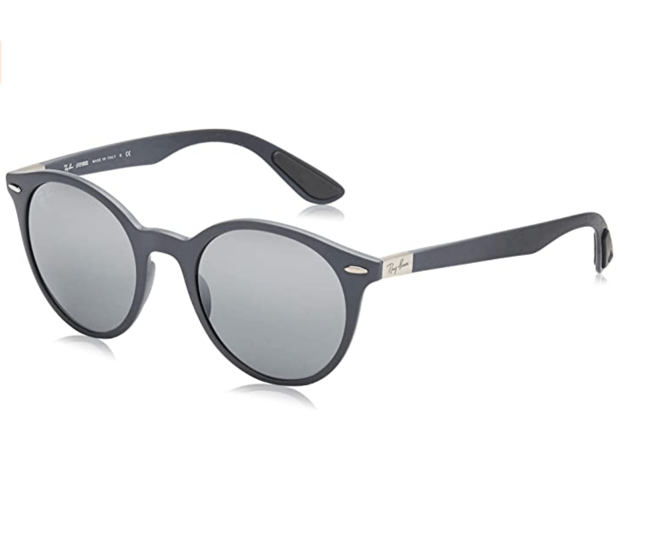 Grey and black round sunglasses on a white background.