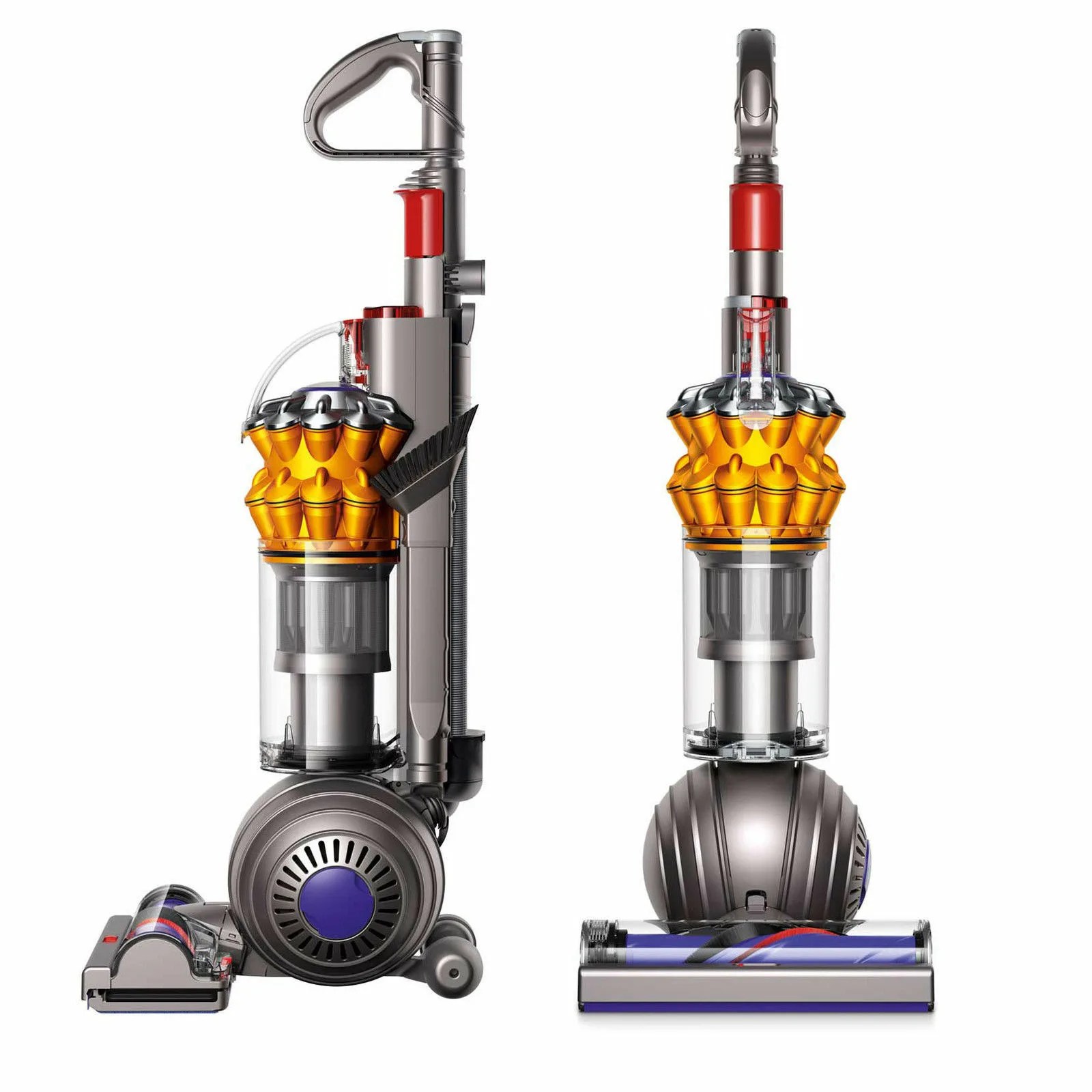 A gray, yellow and blue upright vacuum on a white background.