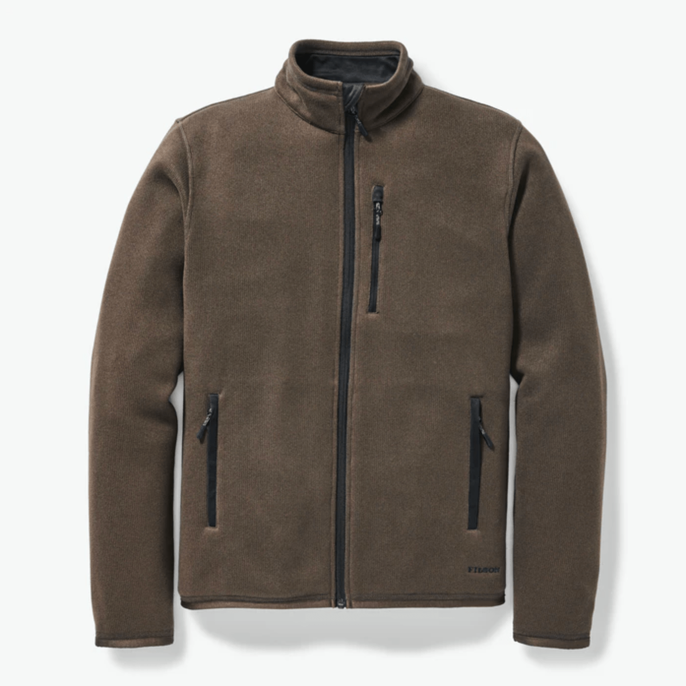 A dark brown zip-up fleece jacket on a white background.