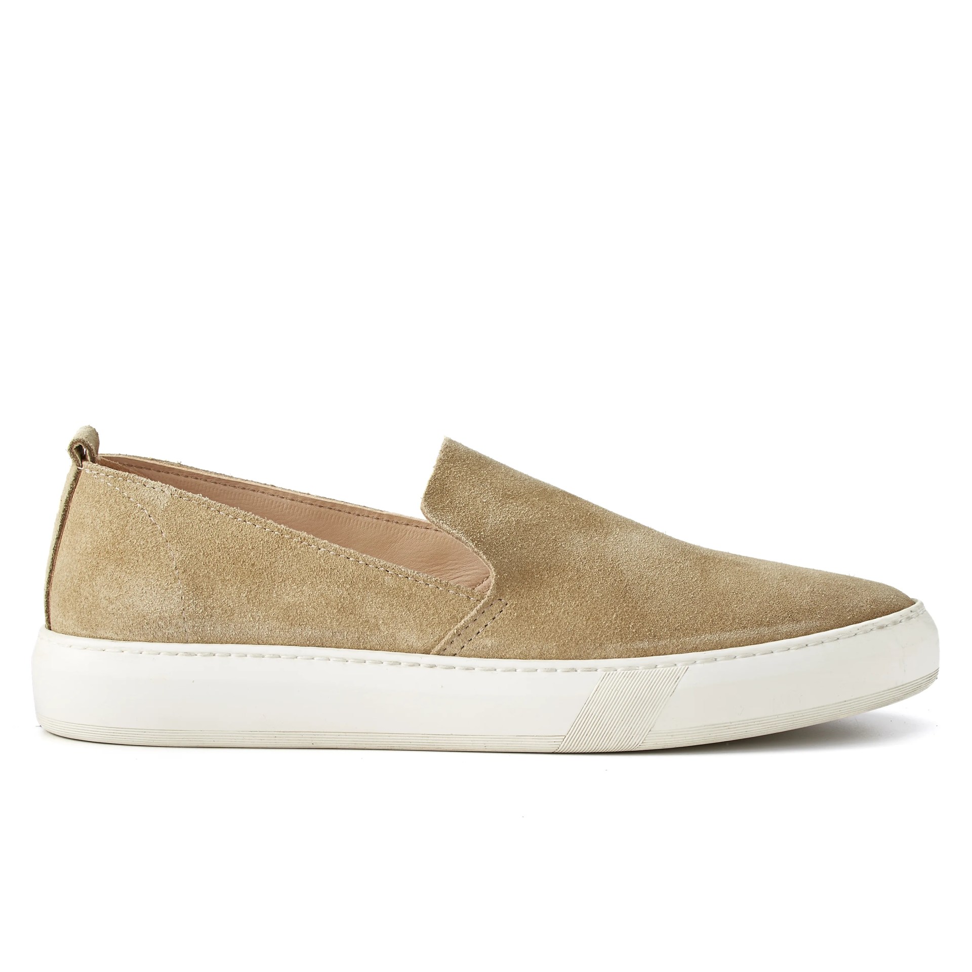 A tan leather shoe slip-on shoe with a white sole on a white background.