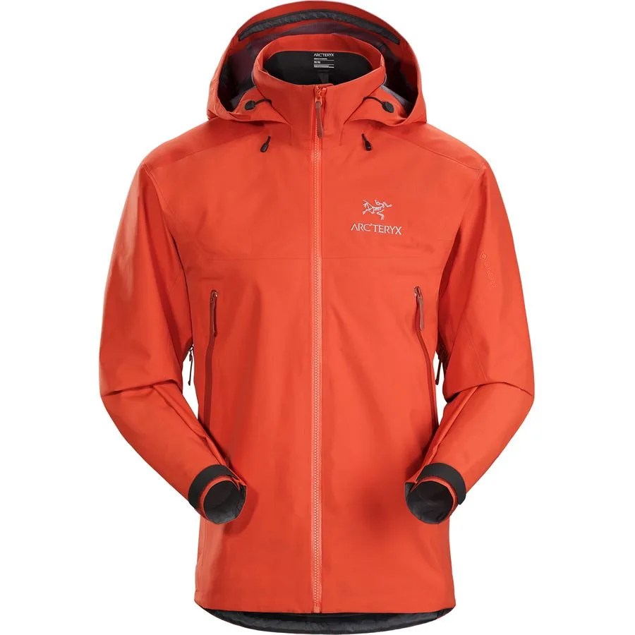 a red technical jacket with a hood on a white background