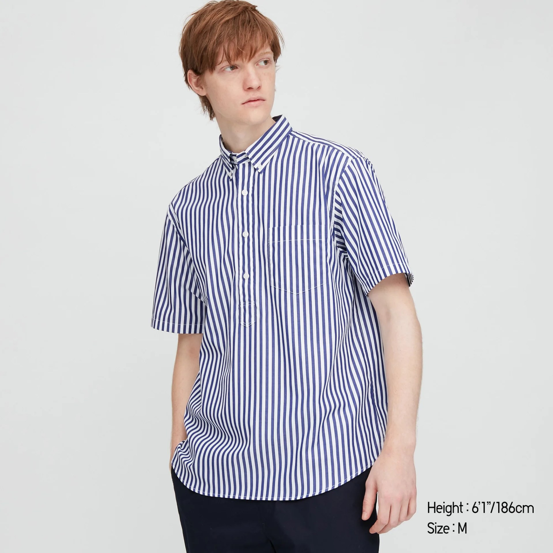 blue and white stripe shirt on model