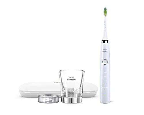A white electric toothbrush with a glass and case on a white background.
