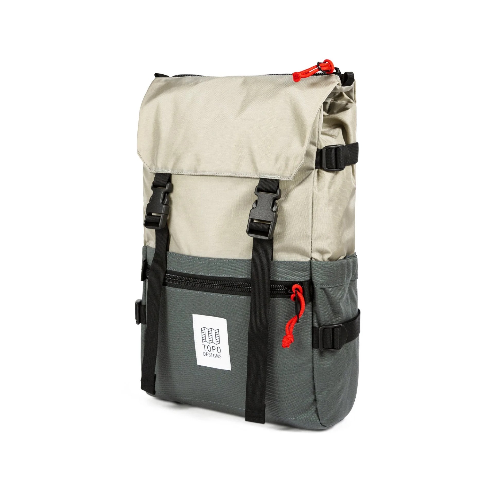A silver and charcoal backpack with black straps on a white background.