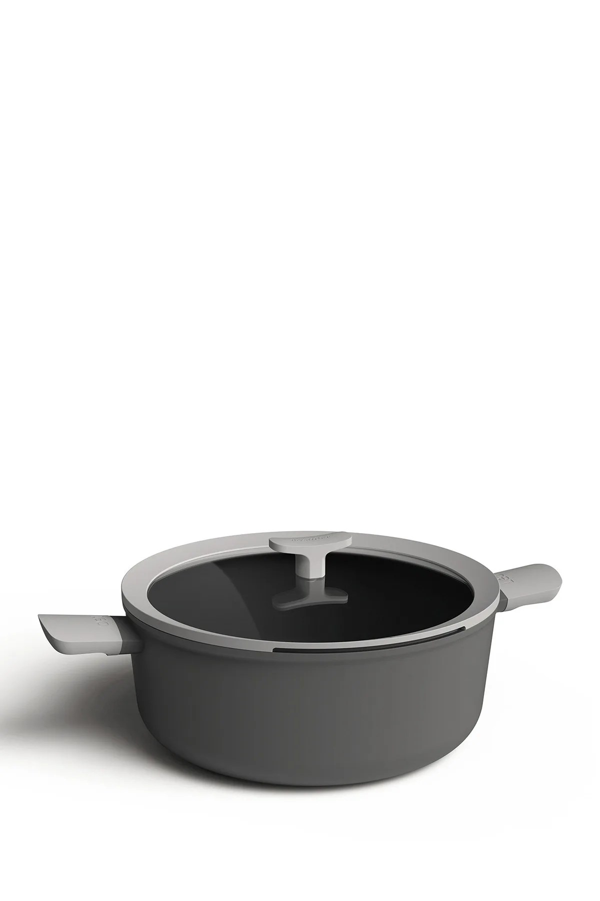 A gray stockpot with two handles and a lid on a white background.