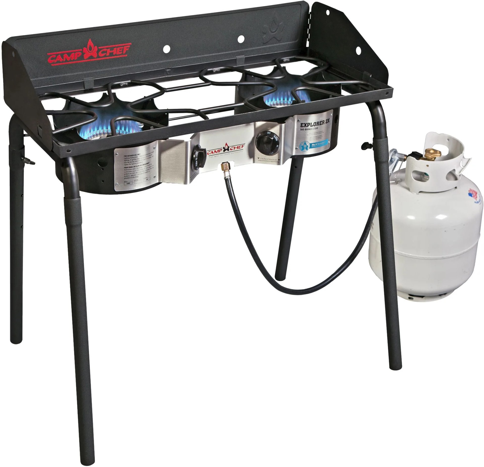 A two-burner propane stove with tall narrow legs