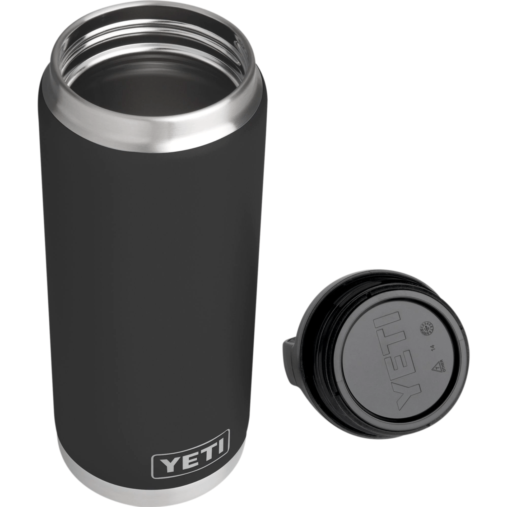 A black thermos with a top on a white background.