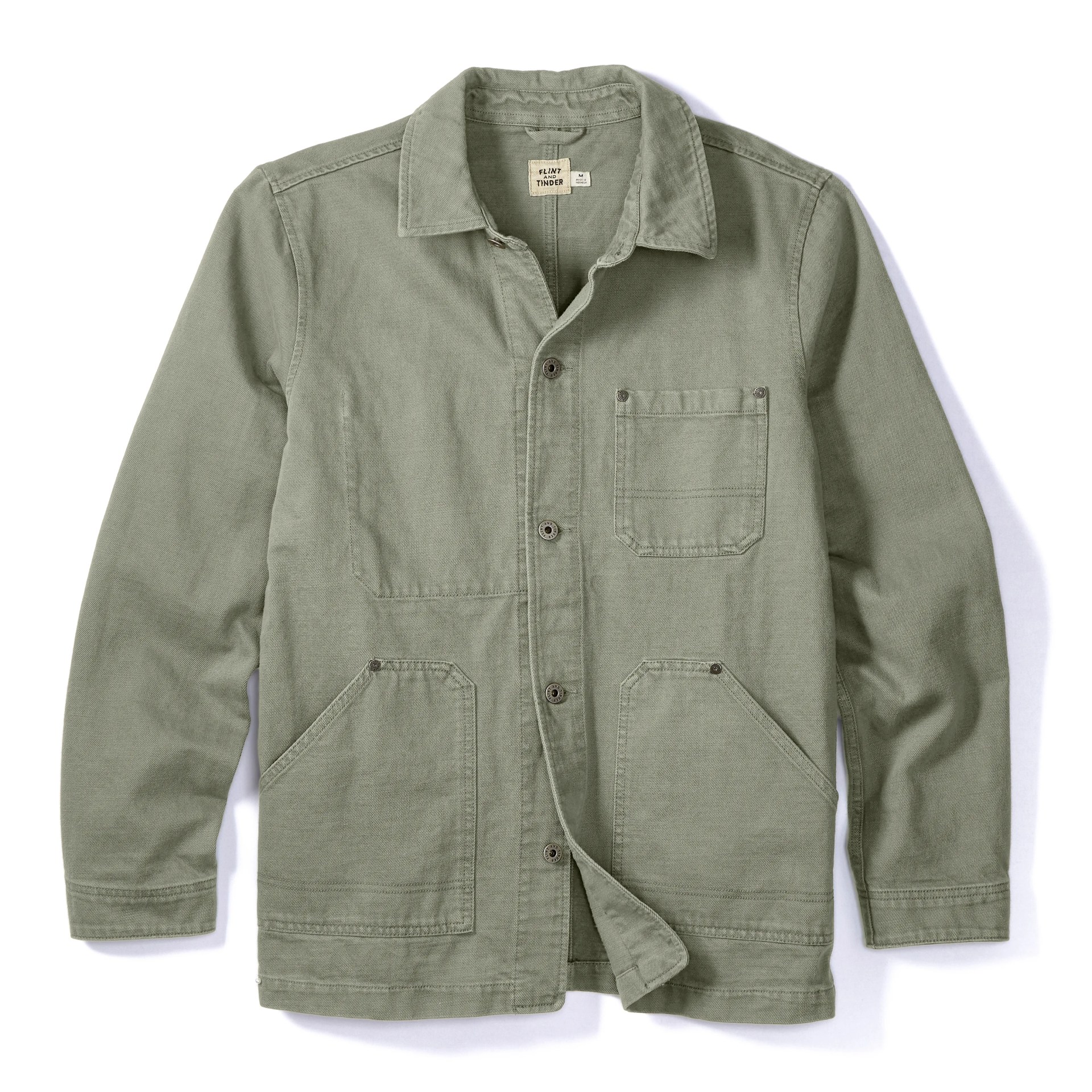 A sagebrush color chore coat on a gray background.