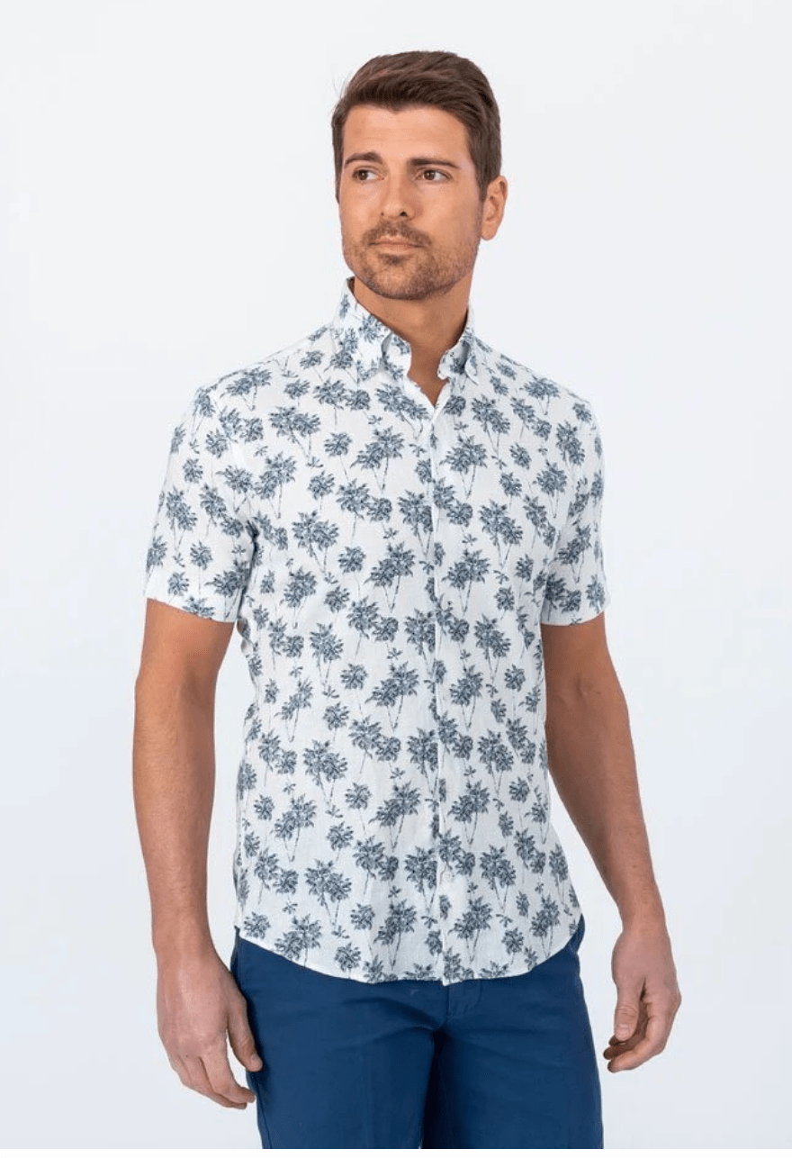 White and Navy Palm Print short sleeve woven shirt