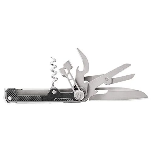 a mutli-tool with a black handle and a knife, scissors and corkscrew