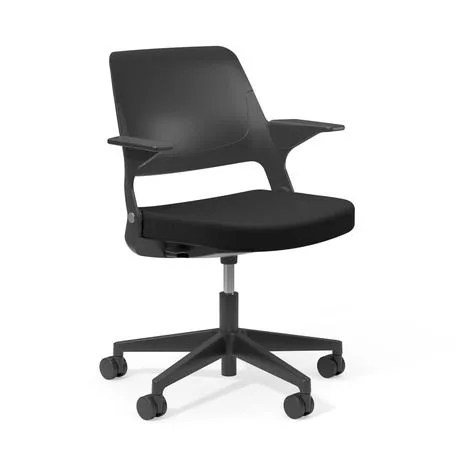 A black office chair with armrests and wheels on a white background.