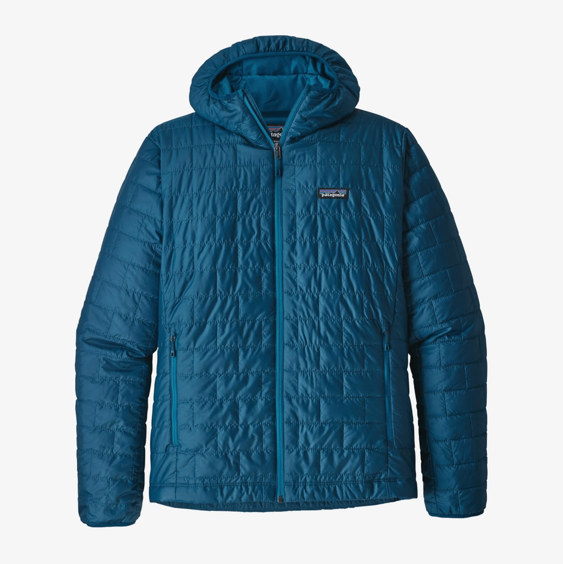 A blue hoodied puffer jacket on a gray background.