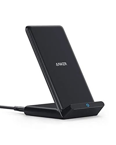 A black wireless smartphone charging stand on a white background.