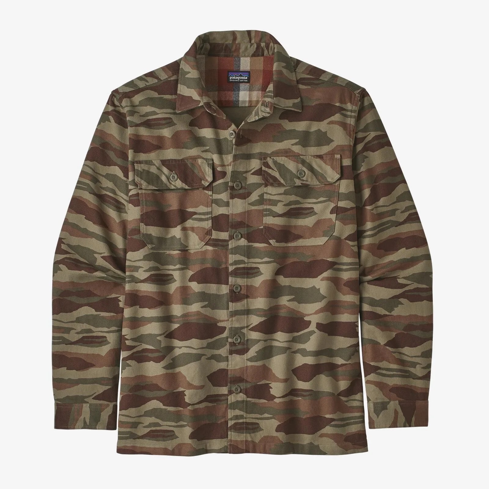 A camo flannel shirt on a gray background.
