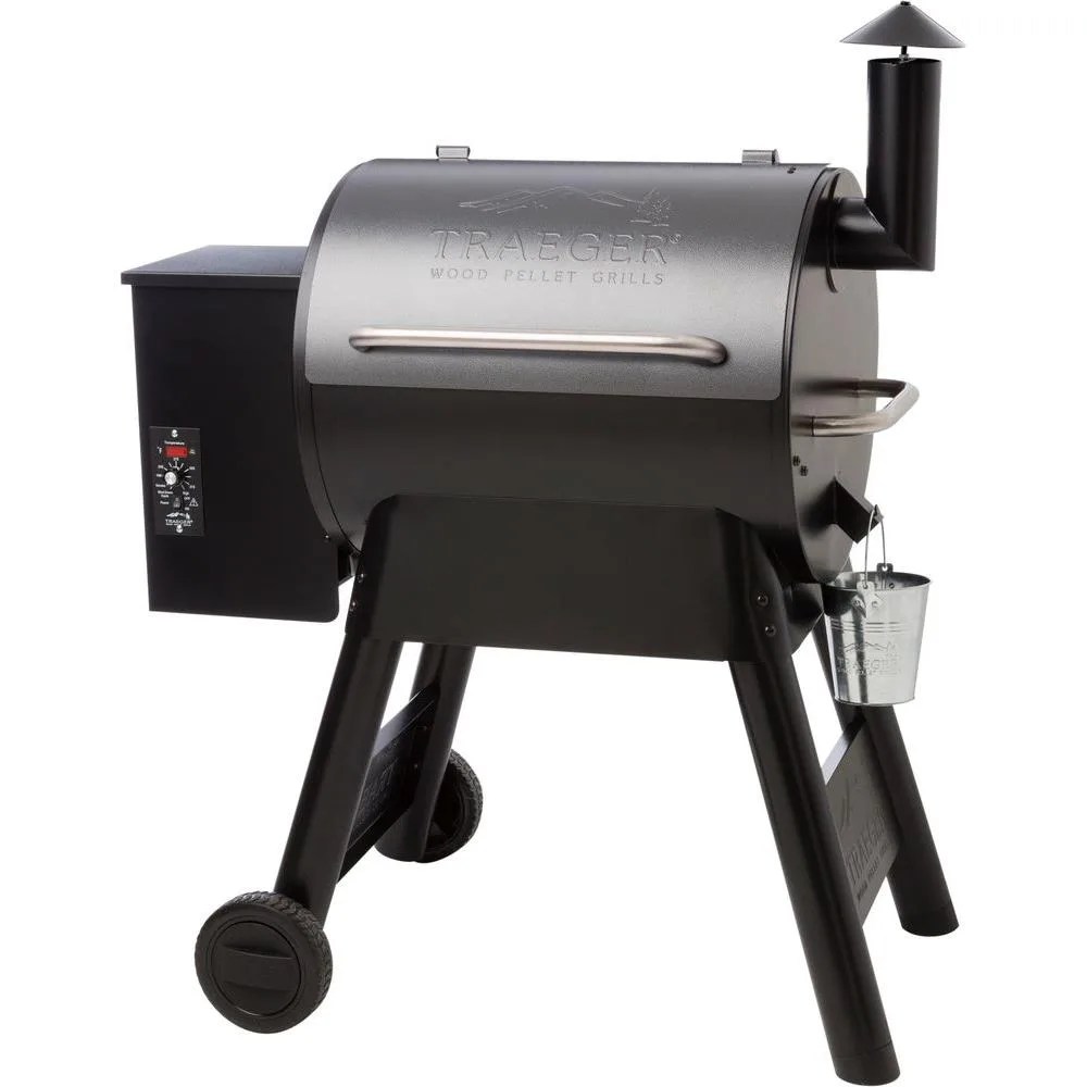 A gray and black smoker grill on a white background.