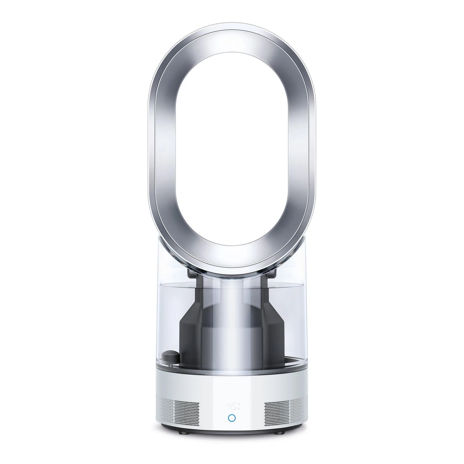 A silver and white fan and humidifier combo on a white background.