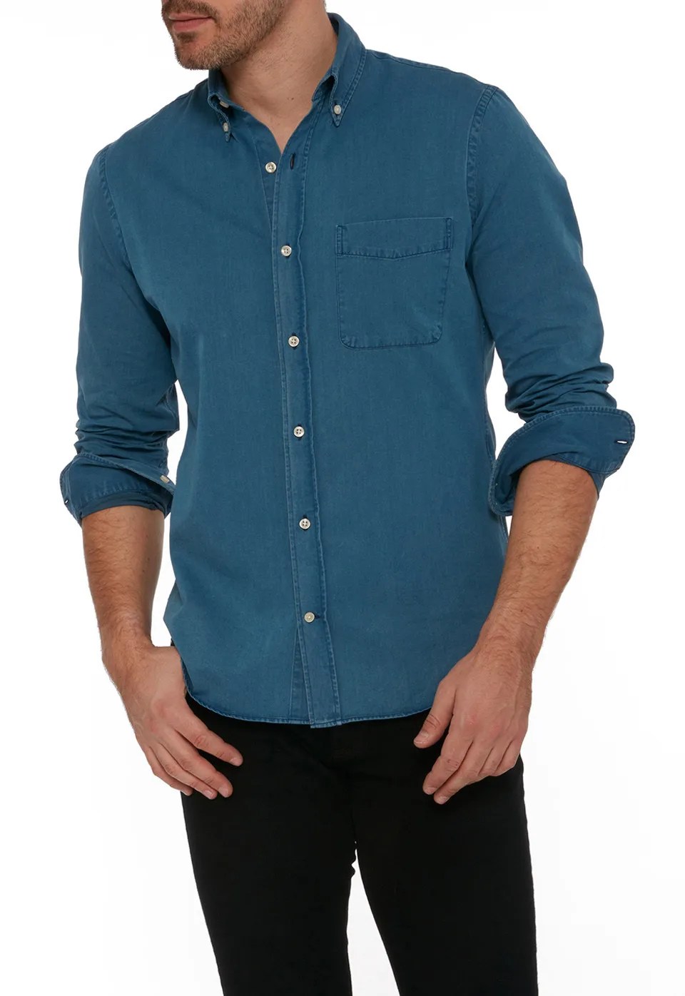 A blue button-down shirt on a model on a white background.