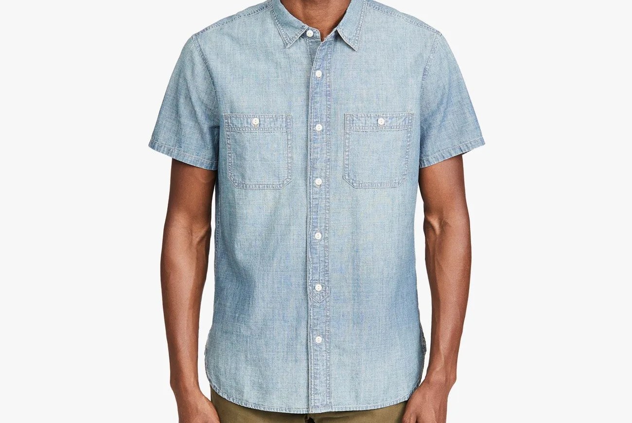 chambray short sleeve shirt on model
