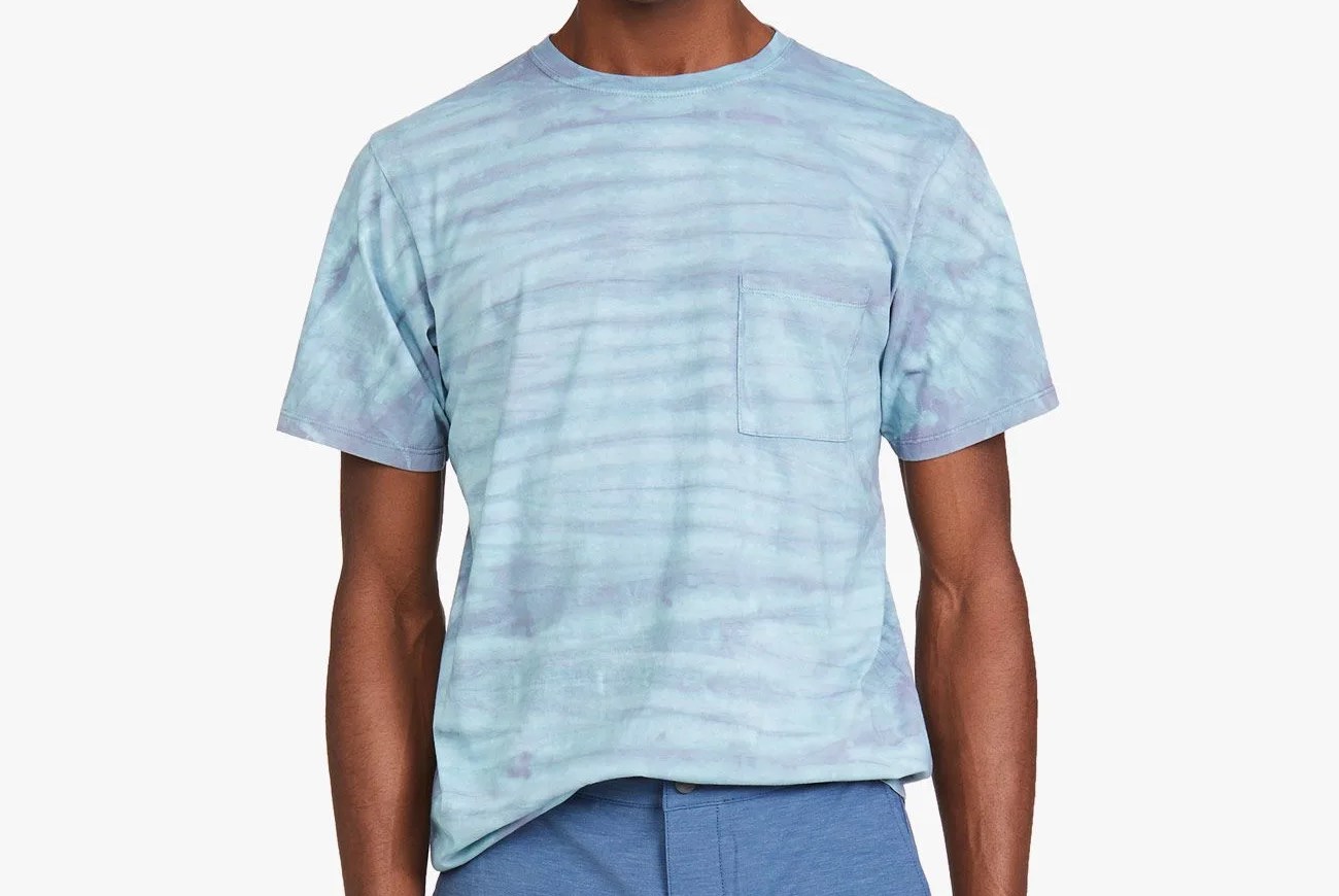 blue tie dye short sleeve shirt on model
