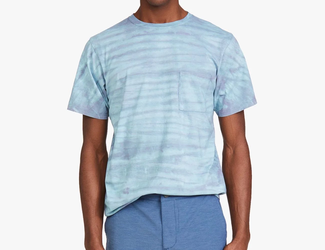blue tie dye short sleeve shirt on model