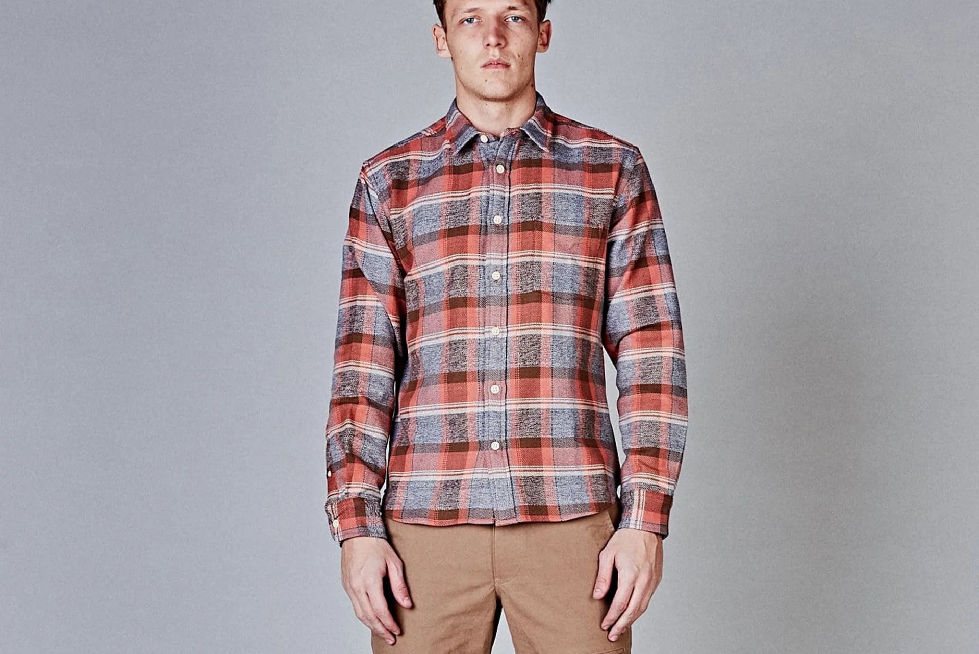 red plaid shirt on model