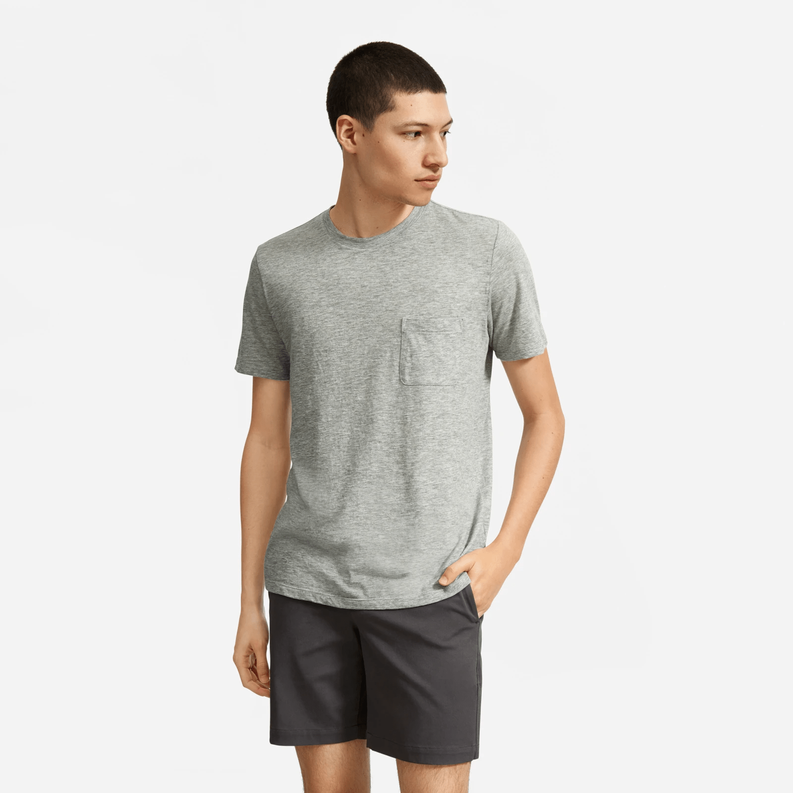 grey t shirt on model