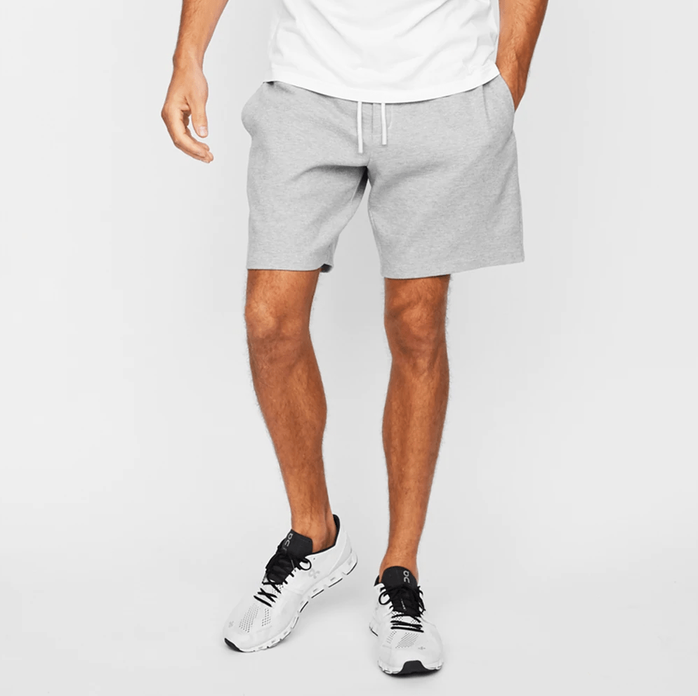 grey shorts on model
