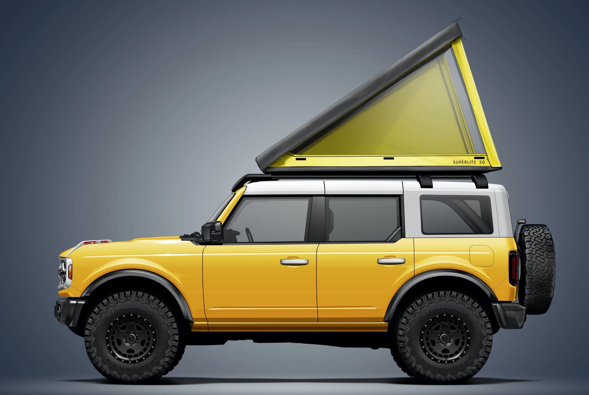 the go fast campers superlite roof tent mounted on the 2021 ford bronco in yellow