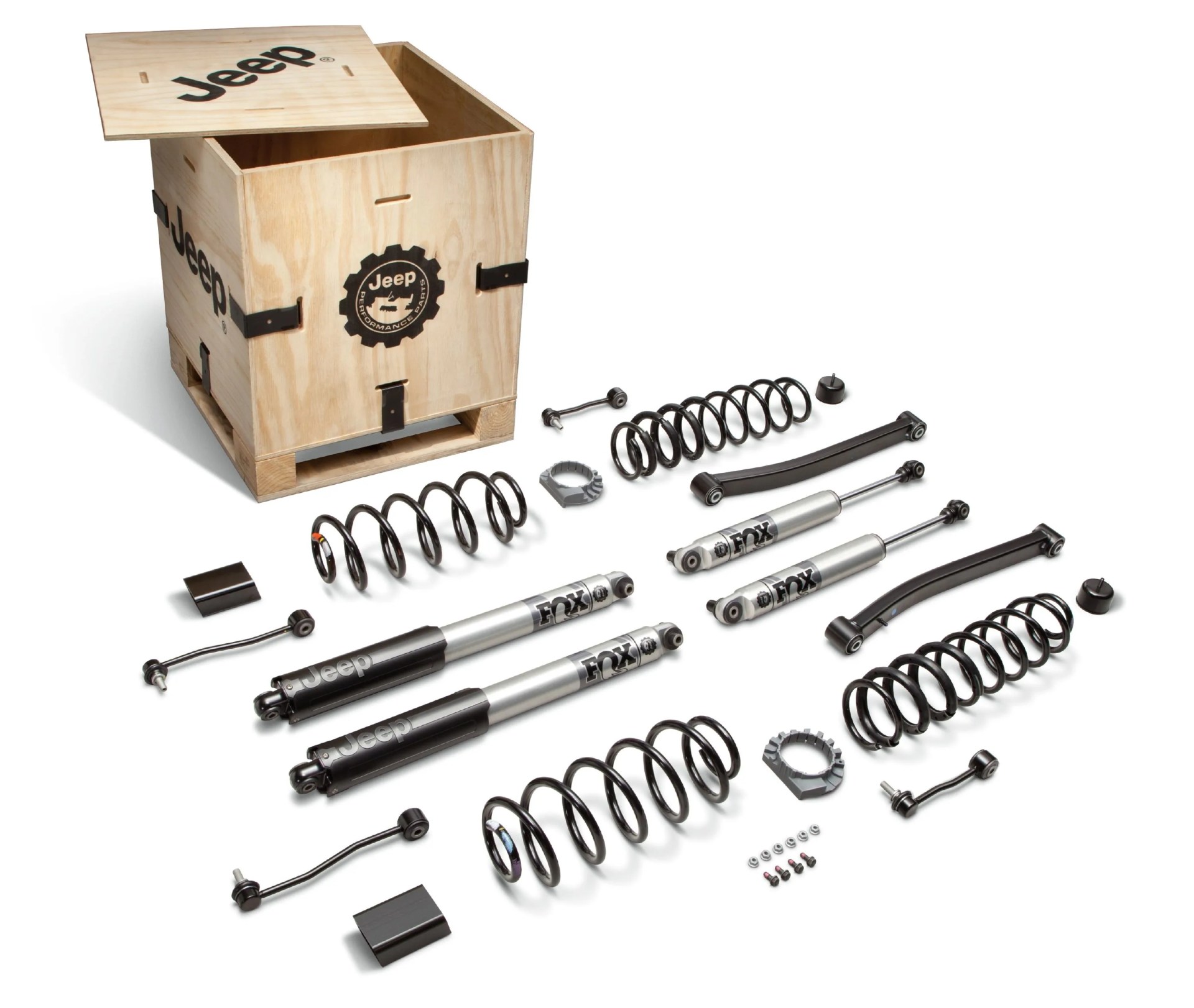 mopar and jeep performance parts jpp are offering new factory engineered and quality tested lift kits for the ecodiesel powered 4 door jeep wrangler and jeep gladiator models each kit contains the following parts four springs, four fox shocks, front lower control arms, front and rear stabilizer links, front and rear bump stops, various fasteners, and a jpp badge all packaged in a custom, reusable wooden crate with jpp logo