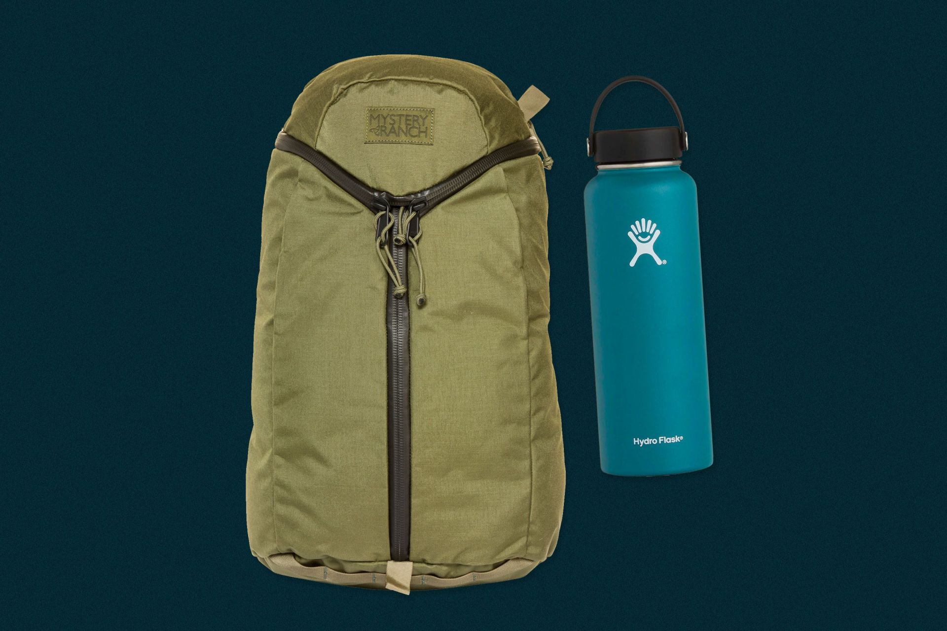 an olive green backpack next to a turquoise water bottle on a dark blue background