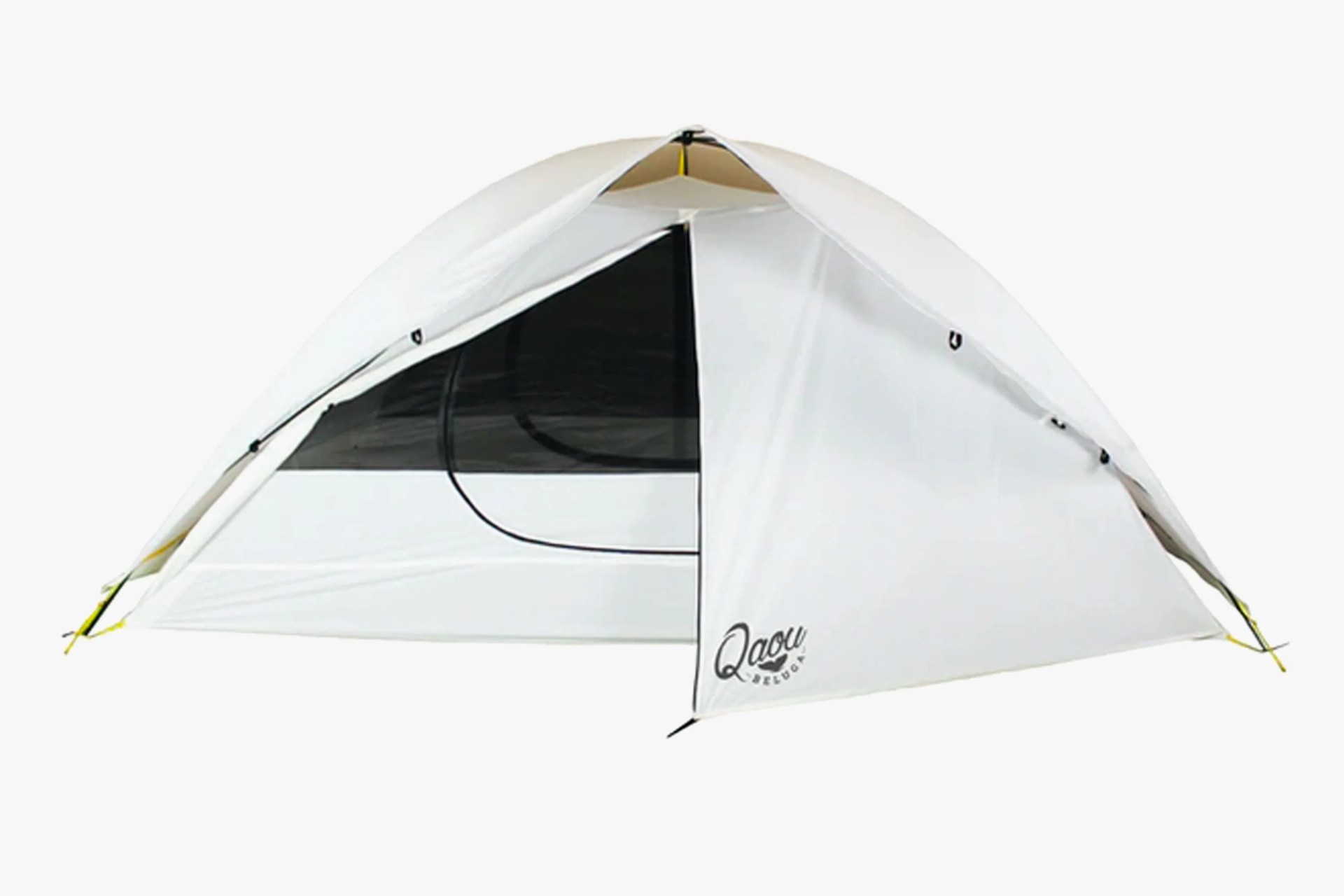 a white tent with a half open door
