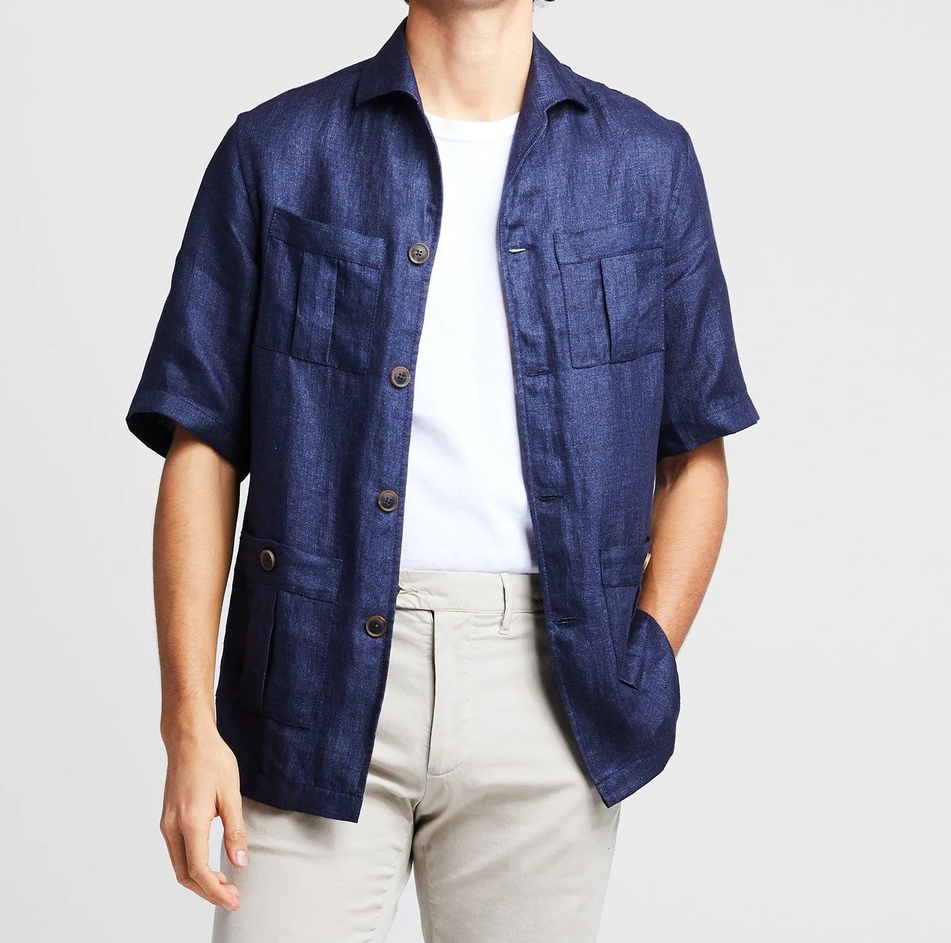 blue linen shirt jacket on model