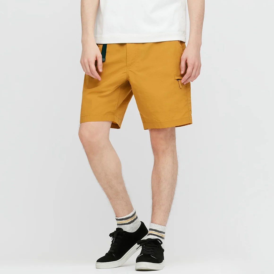 yellow shorts on model