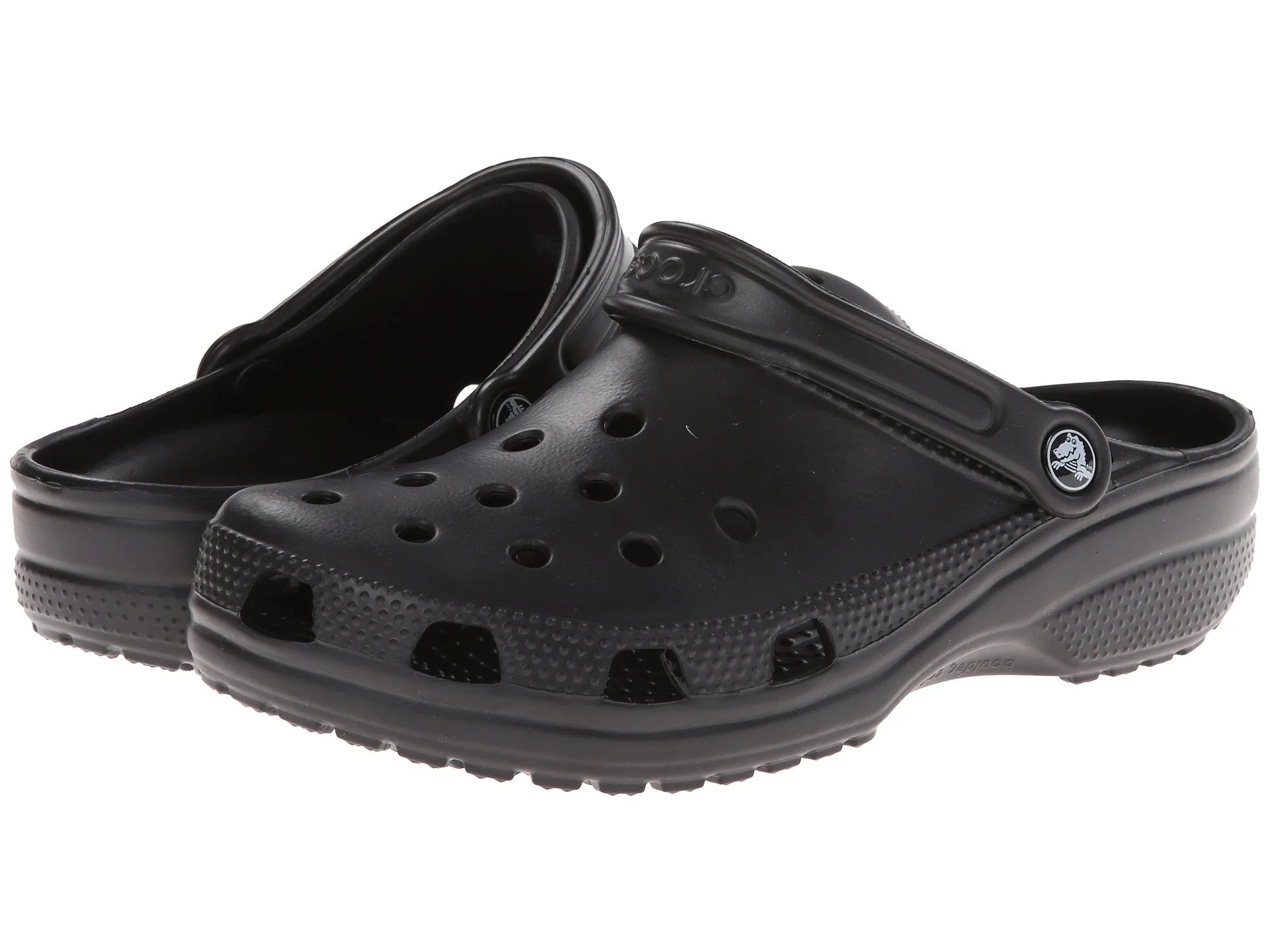 Black clogs on a white background.