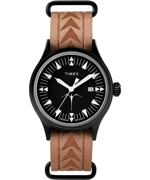 A black and white watch with a brown leather strap on a gray background.