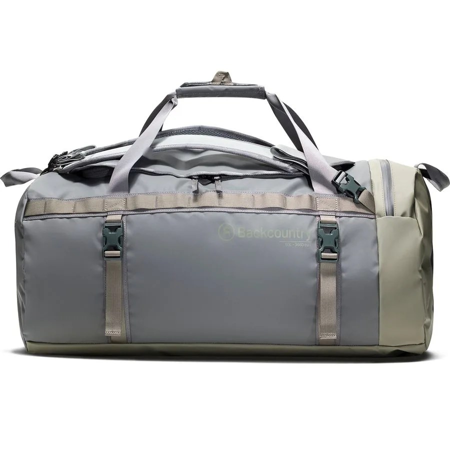 a gray duffel bag with backpack straps