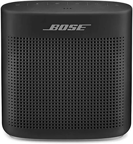 A black bluetooth speaker on a white background.