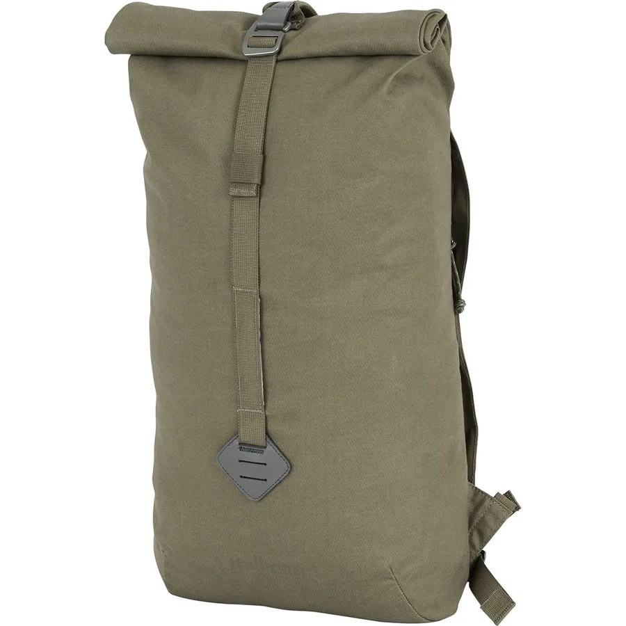 an olive green roll-top backpack