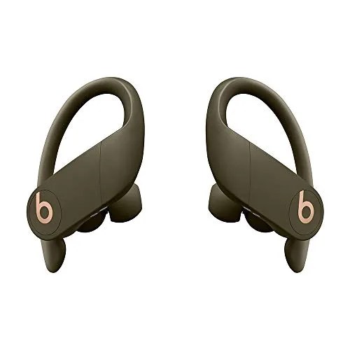 Green wireless earbuds on a white background.