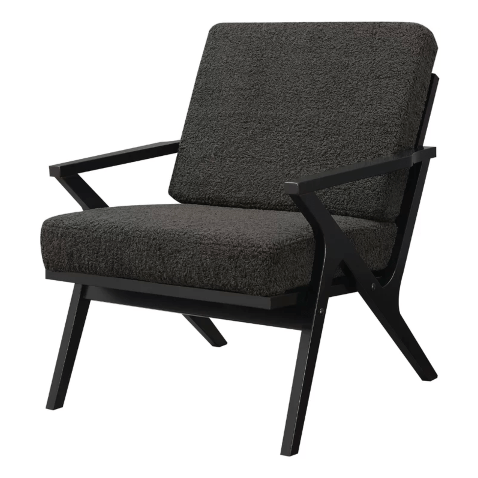 A charcoal and black armchair on a white background.