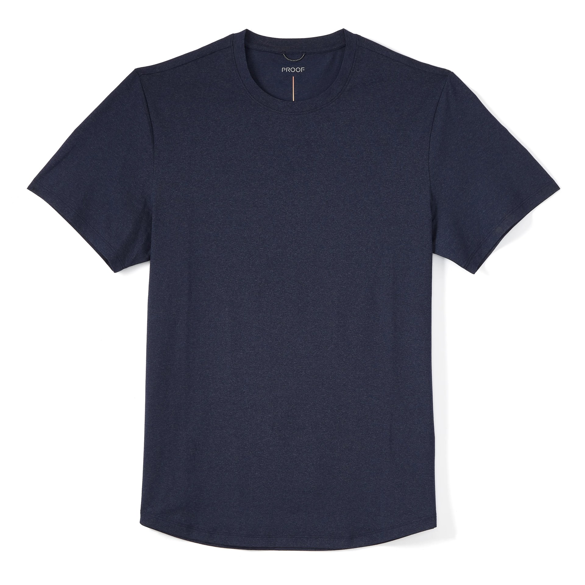 A navy t-shirt on a gray background.